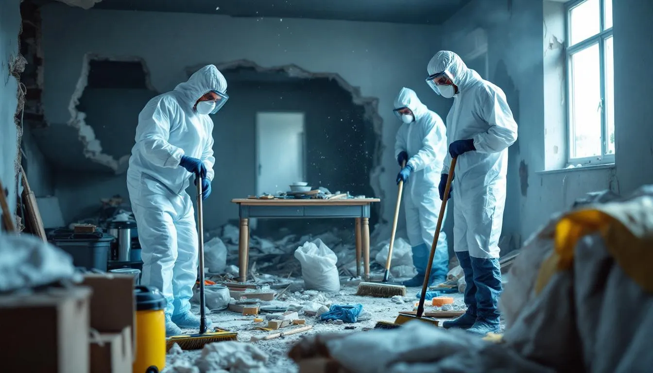 A professional cleanup crew, dressed in protective gear, is diligently working in a cluttered room filled with unwanted items and debris. Their efforts are part of a hoarding cleanup service aimed at restoring the space and providing efficient junk removal solutions.