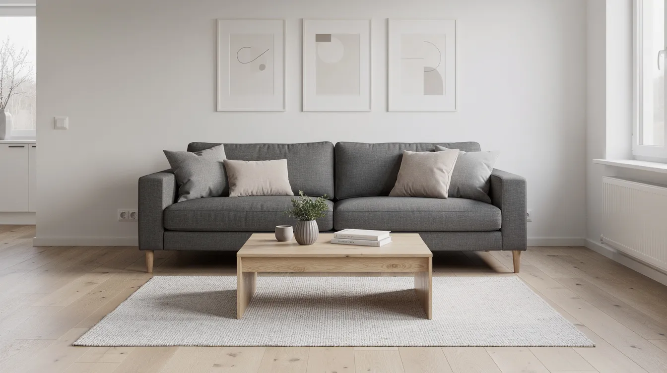 Ett modernt vardagsrum med en grå soffa placerad framför ett runt soffbord i ljust trä. Rummet erbjuder en stilren och inbjudande atmosfär, perfekt för avkoppling och sociala stunder.