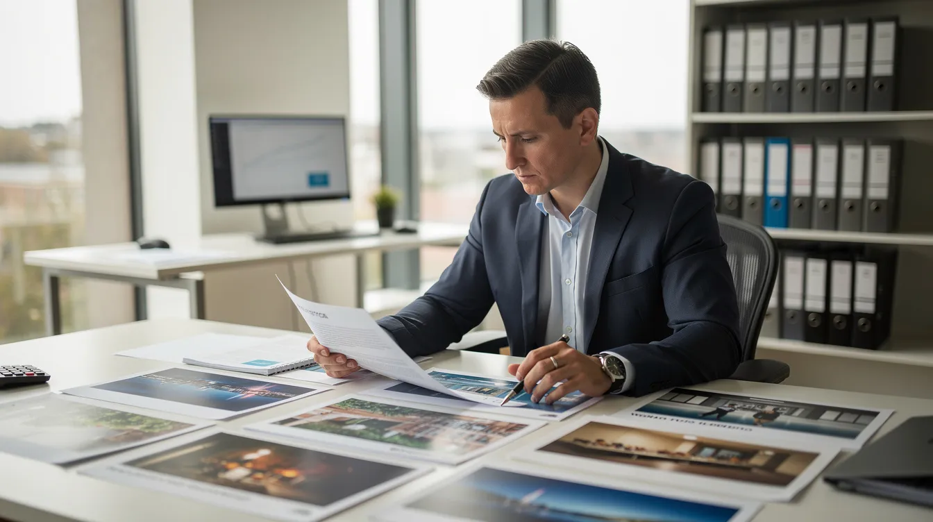 A person is thoughtfully examining documents and images in an office setting, likely related to upper and lower blepharoplasty procedures. The atmosphere suggests a focus on achieving natural results and improving the appearance of eyelids to reduce a tired look and enhance confidence.