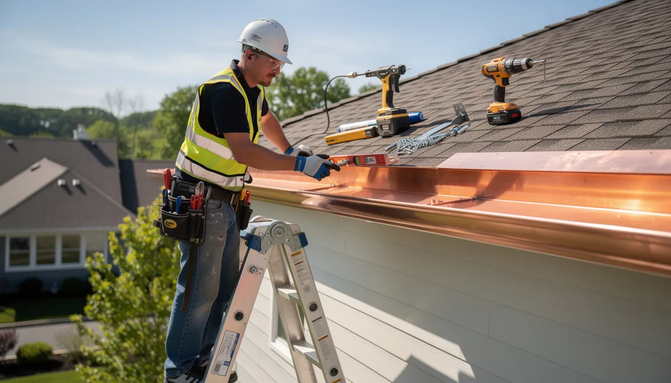 A professional contractor is installing copper gutters on a residential roof in Pueblo, Colorado, using specialized equipment to ensure an efficient gutter installation. The image highlights the precision and care taken in the gutter installation process, showcasing the importance of a durable gutter system for protecting the property from water damage.