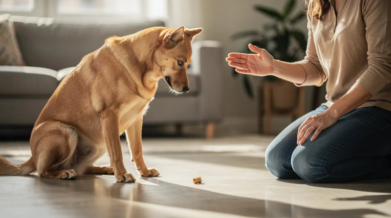 The image depicts a person in a training session with a dog, demonstrating the "leave it" command. The dog, focused and attentive, is shown ignoring a high-value treat placed on the ground, illustrating impulse control and self-control in real-world situations.