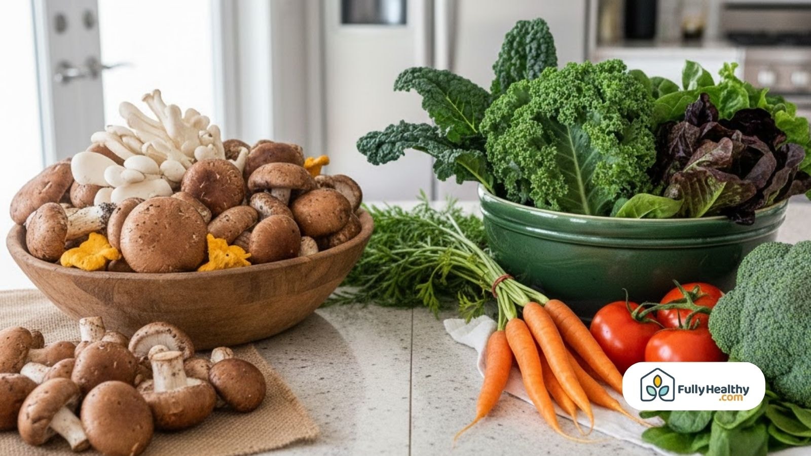 Bowl of fresh mushrooms beside leafy vegetables, tomatoes, carrots and herbs on a kitchen counter.