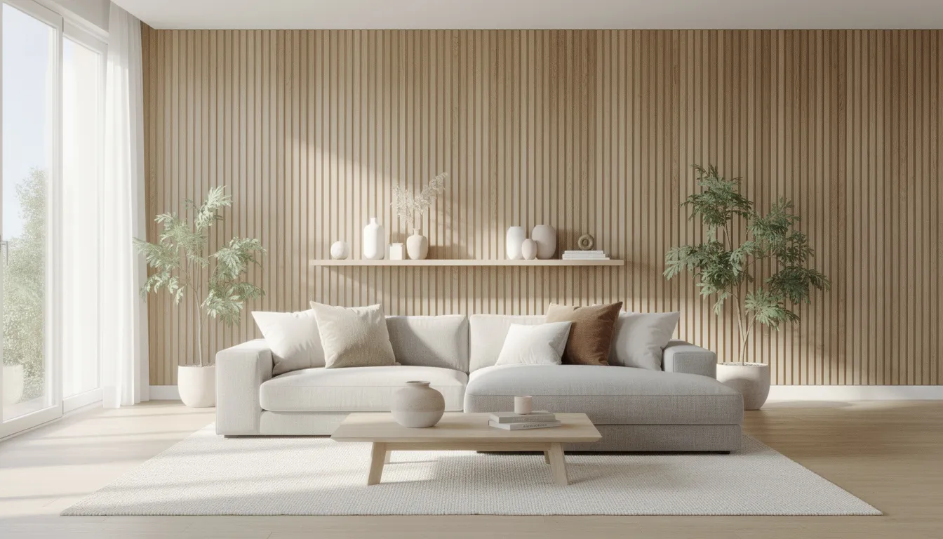 Een moderne woonkamer met verticale houten lamellenpanelen tegen een lichte muur, een zachte bank en neutrale woondecoratie, die een sfeervolle en stijlvolle inrichting creëert. De combinatie van hout en lichte kleuren past perfect in diverse interieurstijlen en biedt een warme uitstraling.