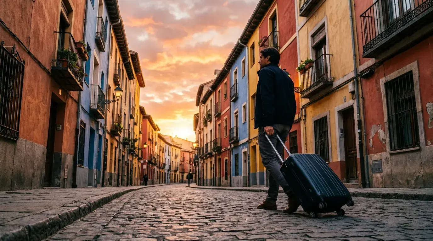 Worker with a suitcase walking through an old town street after arriving for a new job