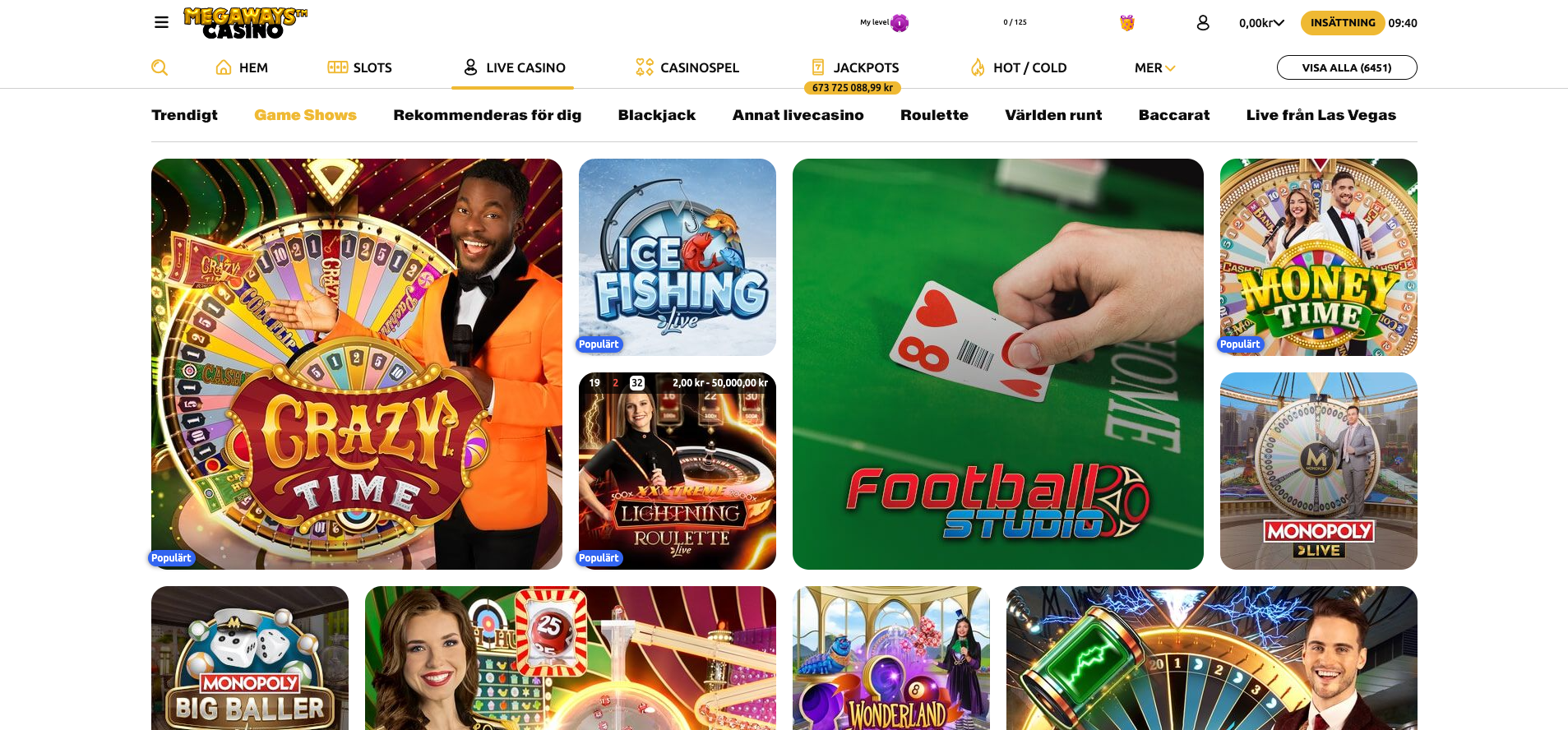 Game Shows hos Megaways Casino med Crazy Time, Monopoly Live, Football Studio och andra populära livespel.