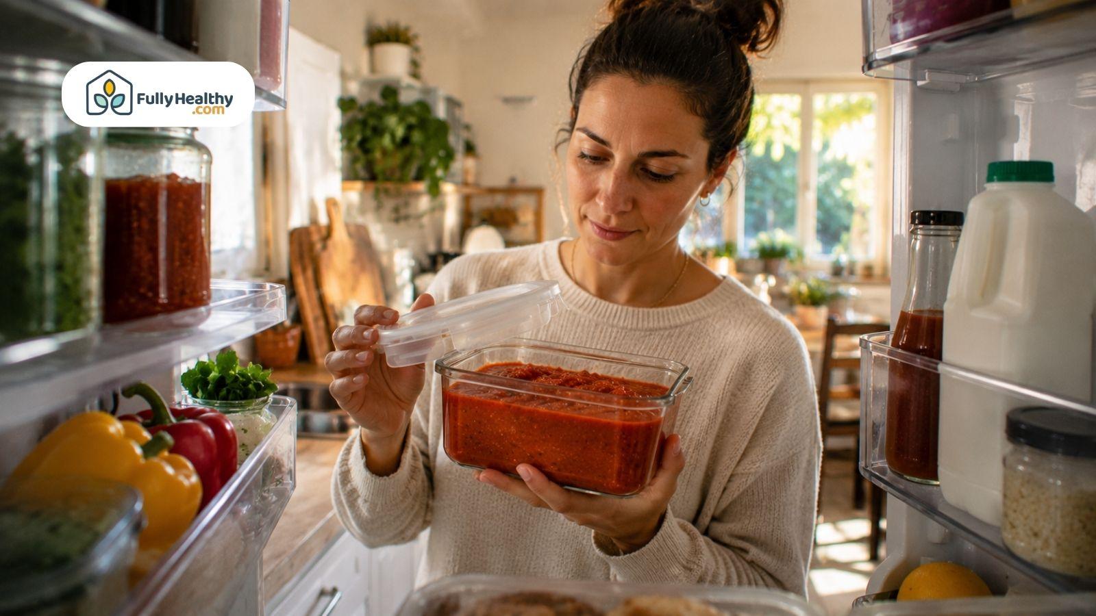 Woman checking sealed container of homemade pasta sauce inside refrigerator before storing leftovers.