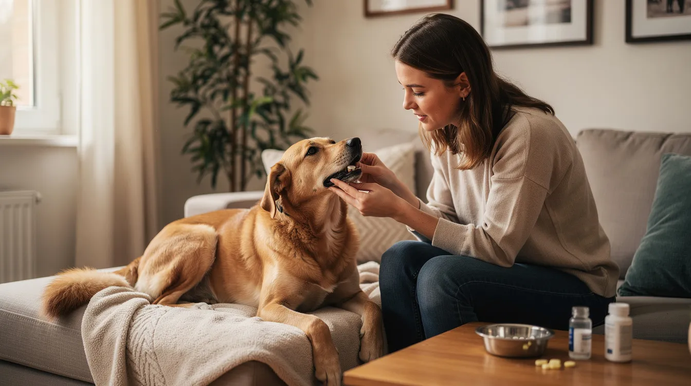 A pet owner gently administers an oral tablet to their relaxed dog in a cozy home environment, emphasizing the importance of medication for managing health conditions like adrenal insufficiency or Addison's disease. The calm atmosphere highlights the bond between the owner and their pet, ensuring the dog receives necessary care.
