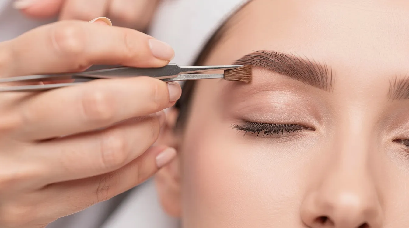 Die Hände einer Kosmetikerin sind bei der präzisen Arbeit am Microblading der Augenbrauen zu sehen, während sie mit einem speziellen Gerät feine Härchenzeichnungen auf der Haut anfertigt. Der Raum ist gut beleuchtet und vermittelt eine entspannte Atmosphäre für die Behandlung.