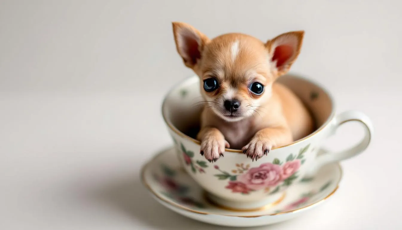 A tiny Chihuahua puppy is nestled comfortably in a teacup, showcasing its adorable size and charm, perfect for a new furry friend. This little pup embodies the sweetness of cute dog names, making it an ideal companion for any family member.