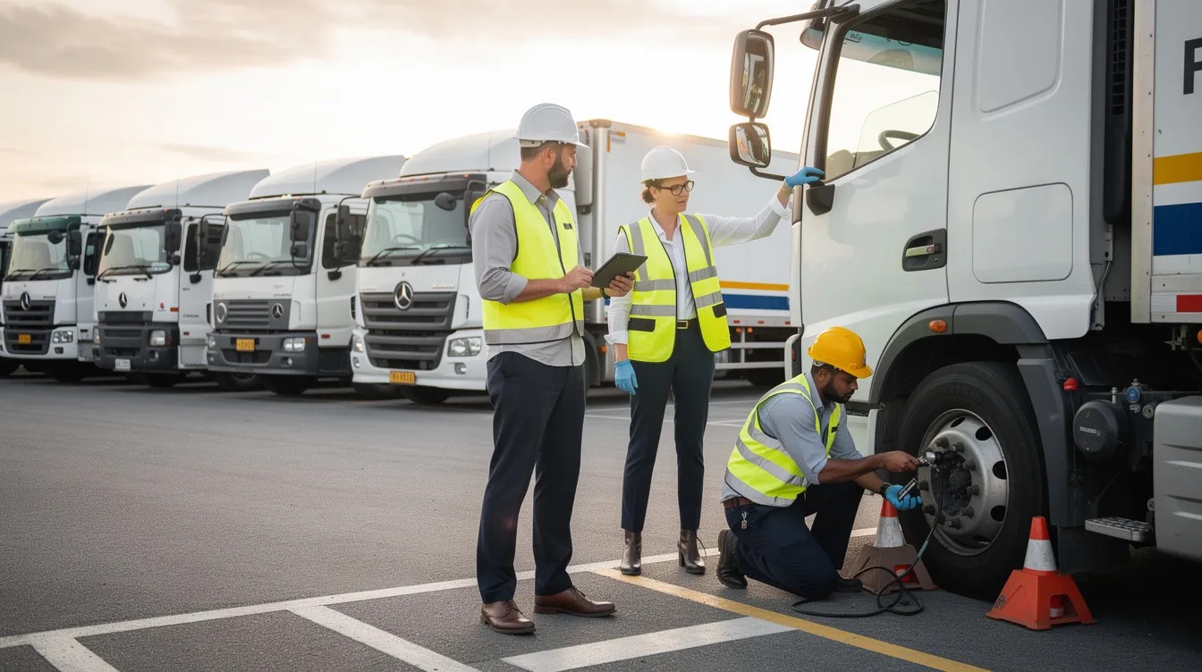 Hours of Service Violations During Roadcheck and How to Avoid Them: The image depicts a fleet manager discussing safety protocols with commercial motor vehicle drivers, emphasizing the importance of compliance with hours of service regulations and the use of electronic logging devices. They are surrounded by various vehicles, highlighting the focus on driver safety and proper vehicle inspections to prevent violations during roadside checks.