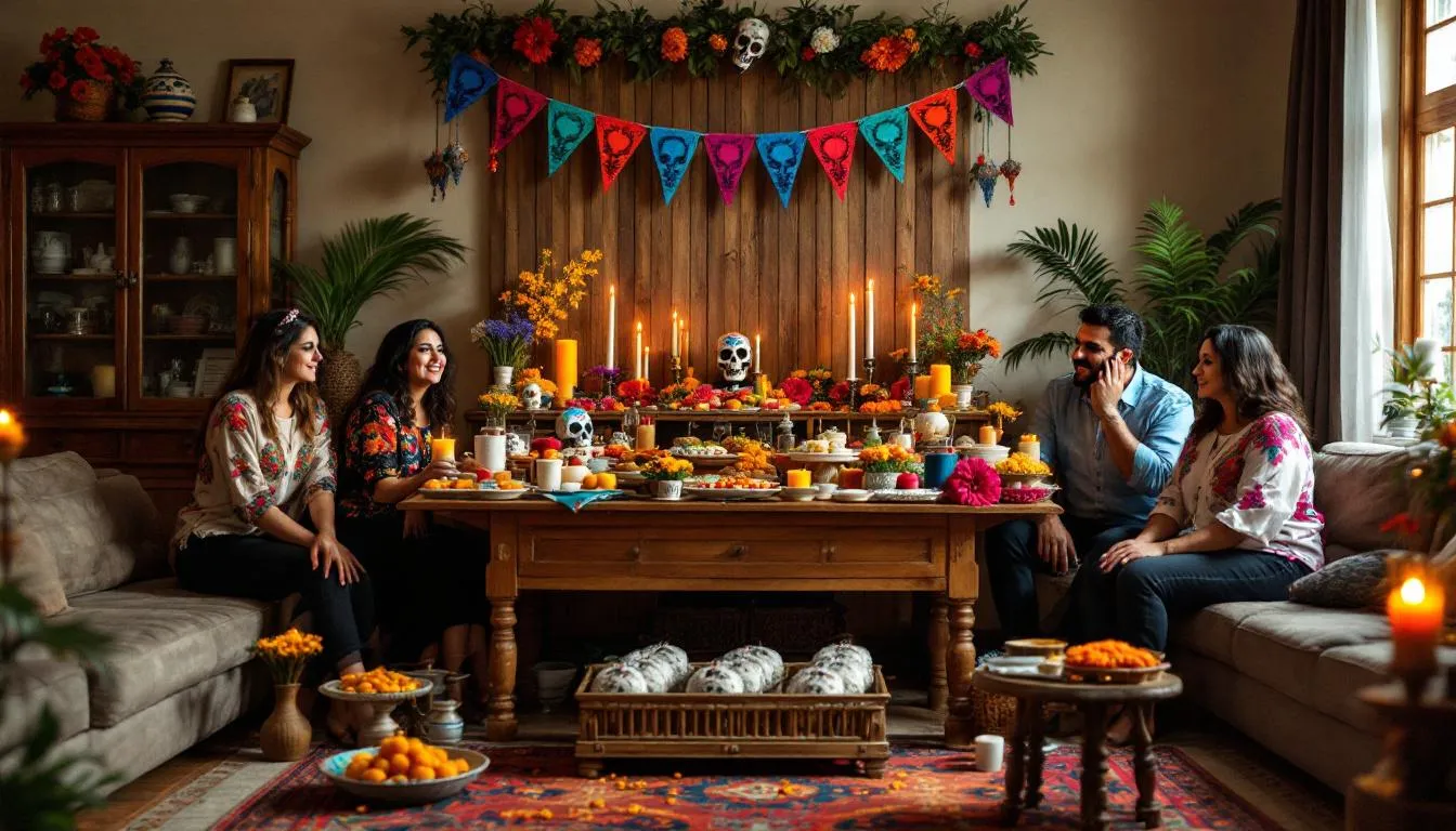 A Mexican family gathers to celebrate the Day of the Dead, surrounded by vibrant traditional decorations such as colorful papel picado and ornate altars adorned with photos and offerings for their loved ones. This festive scene reflects the rich cultural heritage of Mexico, showcasing the importance of family and remembrance in Mexican culture.