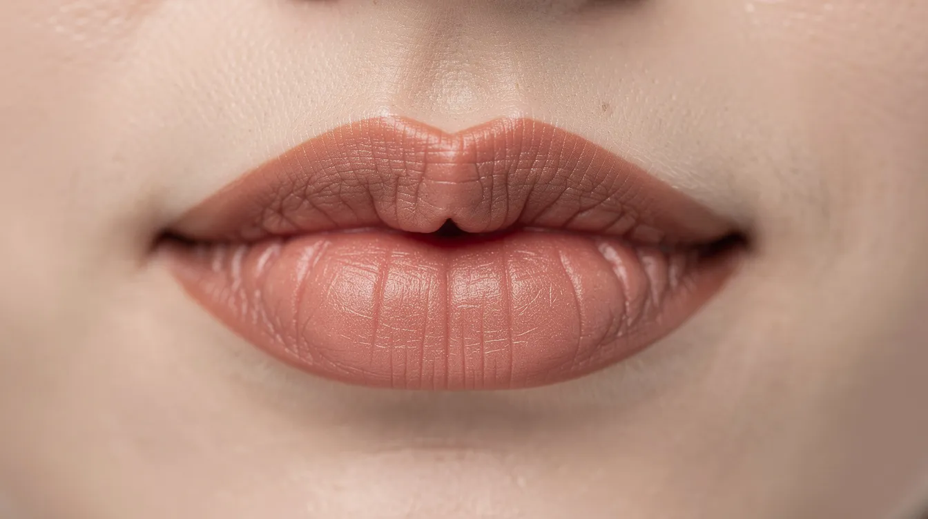 A close-up photograph showcases natural lips, highlighting the cupid's bow and the vermillion border, which define the ideal lip shape. The image captures the smooth fine lines and natural fullness of the upper and lower lips, emphasizing their unique beauty and facial features.