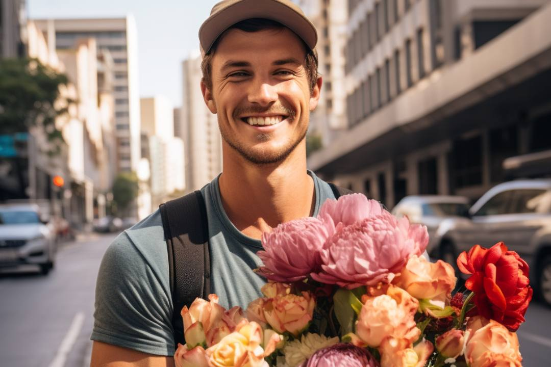 bringing joy with gifts, a passionate company, beautiful bouquet, man smiling, delivered