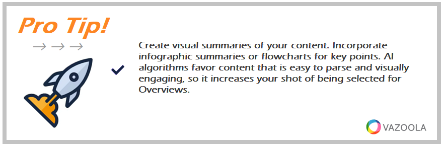 Create visual summaries of your content. Incorporate infographic summaries or flowcharts for key points. AI algorithms favor content that is easy to parse and visually engaging, so it increases your shot of being selected for Overviews.