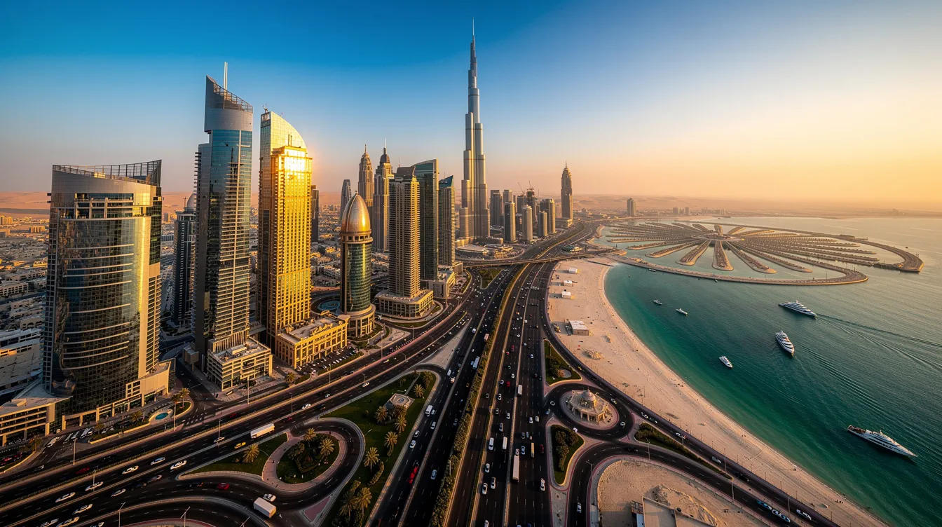 Imagem de Dubai, com arranha-céus imponentes e um céu azul claro. A cidade é um destino popular no sudeste asiático, conhecida por suas luxuosas atrações e centros comerciais, atraindo turistas de todo o mundo.