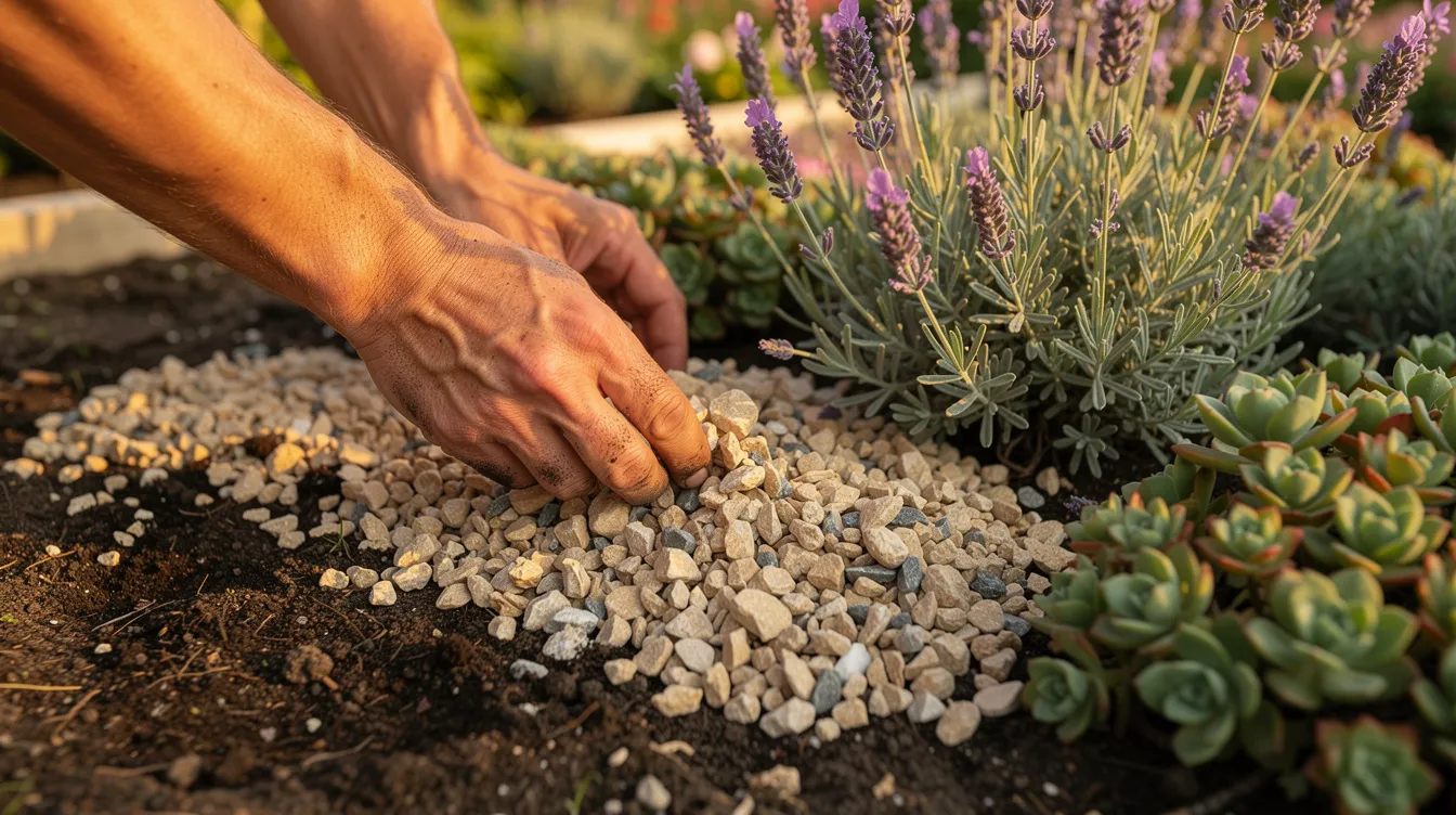 Na zdjęciu widoczne są ręce ogrodnika, które ściółkują żwirem rabatę z lawendą wąskolistną i rozchodnikami, idealnymi roślinami na suche i słoneczne stanowiska. W tle można dostrzec kolorowe kwiaty, które przyciągają owady zapylające, tworząc piękną kompozycję w ogrodzie.