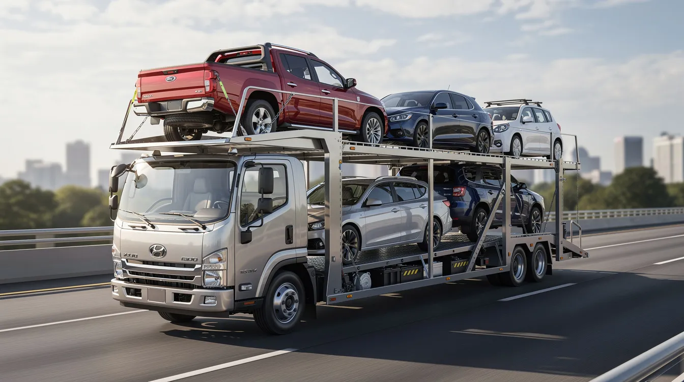 The image shows a transport carrier loaded with various vehicles, including a sedan, SUV, and pickup truck, ready for cross country car transport. This scene highlights the auto transport industry, showcasing how car shipping services efficiently move vehicles across the country.