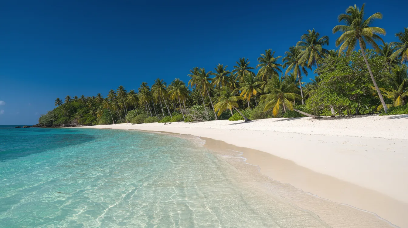 Imagem de uma praia tropical em Curaçao, com águas cristalinas em tom turquesa e areia branca fina, rodeada por palmeiras ao fundo, proporcionando um cenário paradisíaco perfeito para férias. Essa paisagem reflete a beleza do Caribe e é um destino ideal para quem busca relaxar e explorar a vida marinha.