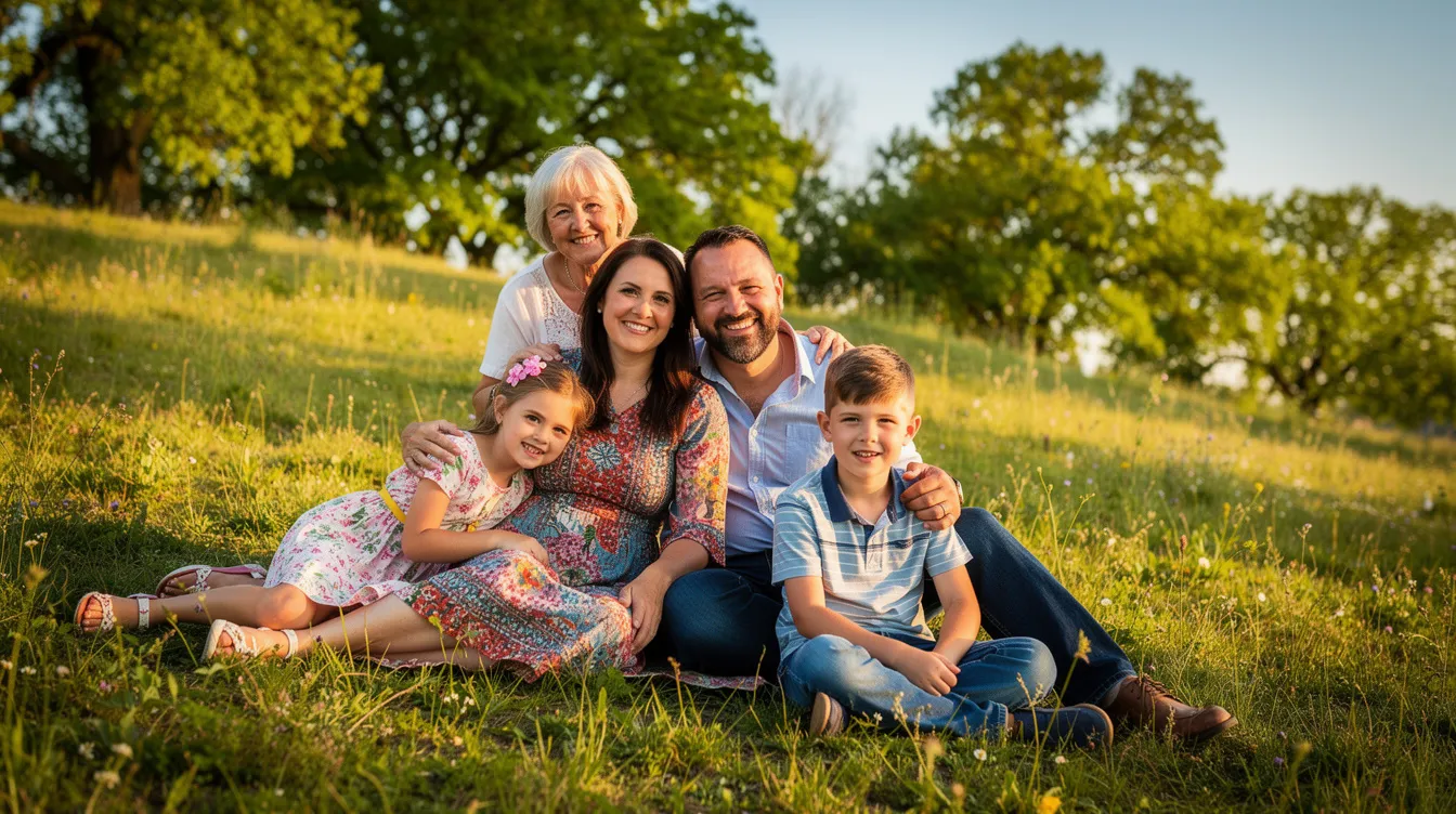 A joyful family is sitting together on a grassy hillside, surrounded by trees, smiling and enjoying each other's company, which reflects the importance of good mental health and supportive relationships in promoting overall well-being. Their relaxed demeanor emphasizes the positive impact of family connections on mental health outcomes.