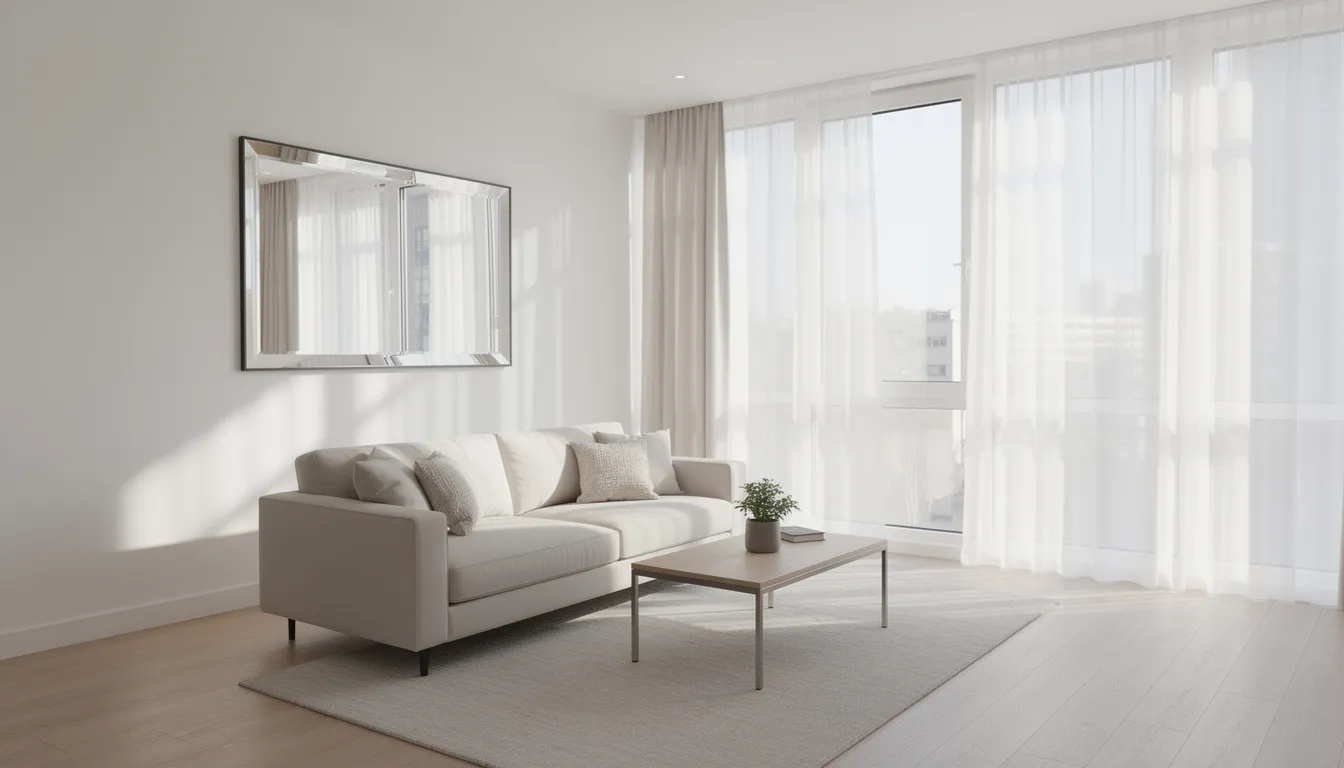 The image depicts a bright living room featuring large windows adorned with sheer curtains, allowing natural light to fill the space. A mirror reflects this light, enhancing the room's airy feel, while a cozy sofa bed and a stylish coffee table create a functional and inviting living area suitable for various activities in a small home.