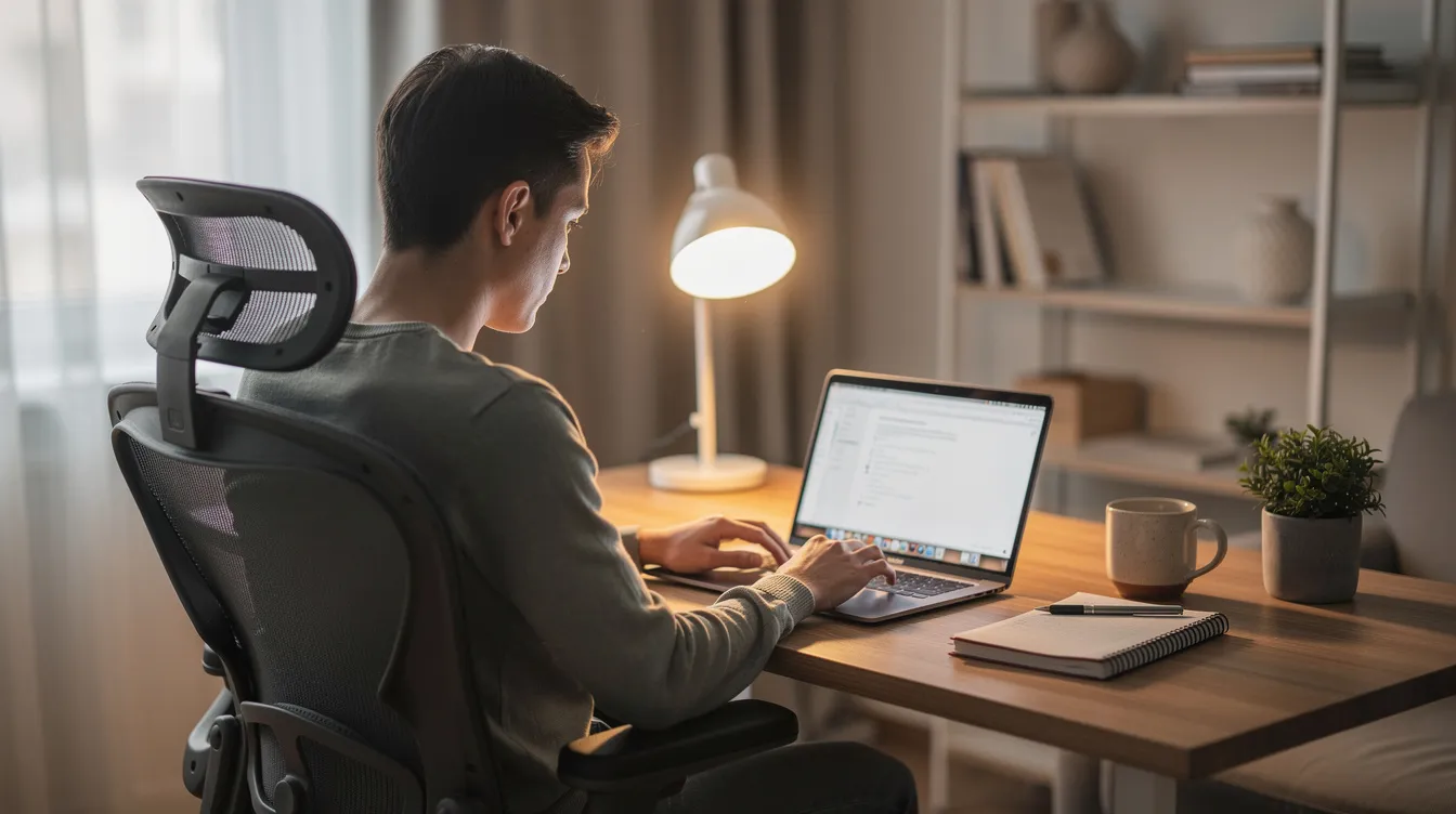 A person is sitting at a laptop in a calm home office, deeply focused on the screen, reflecting on ideas that may relate to their personality traits, such as emotional stability and openness to experience. The serene environment suggests an atmosphere conducive to productivity and introspection, often associated with individual differences in personality psychology.