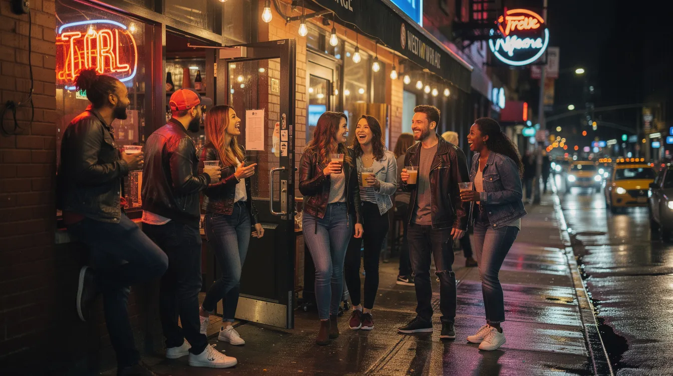 A lively group of friends enjoys the vibrant nightlife outside a West Village bar, surrounded by the cozy ambiance of the neighborhood. They share laughter and conversation on the sidewalk, embodying the good vibes of NYC's cocktail culture.