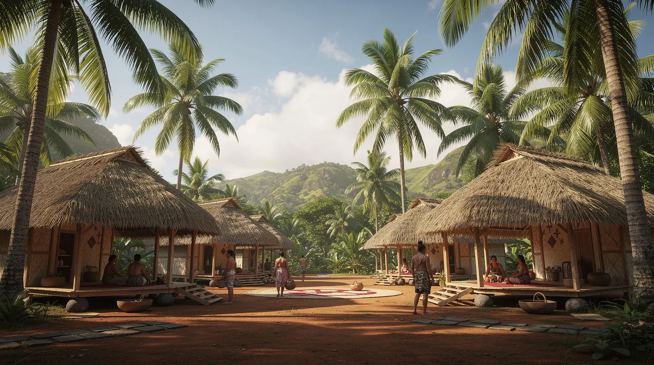 The image depicts a traditional Samoan village featuring thatched-roof fale structures nestled among tall palm trees, showcasing the serene beauty of Pacific island life. This scene reflects the cultural heritage of American Samoa, where local laws and regulations, including those regarding firearms, play a significant role in community security and self-defense.