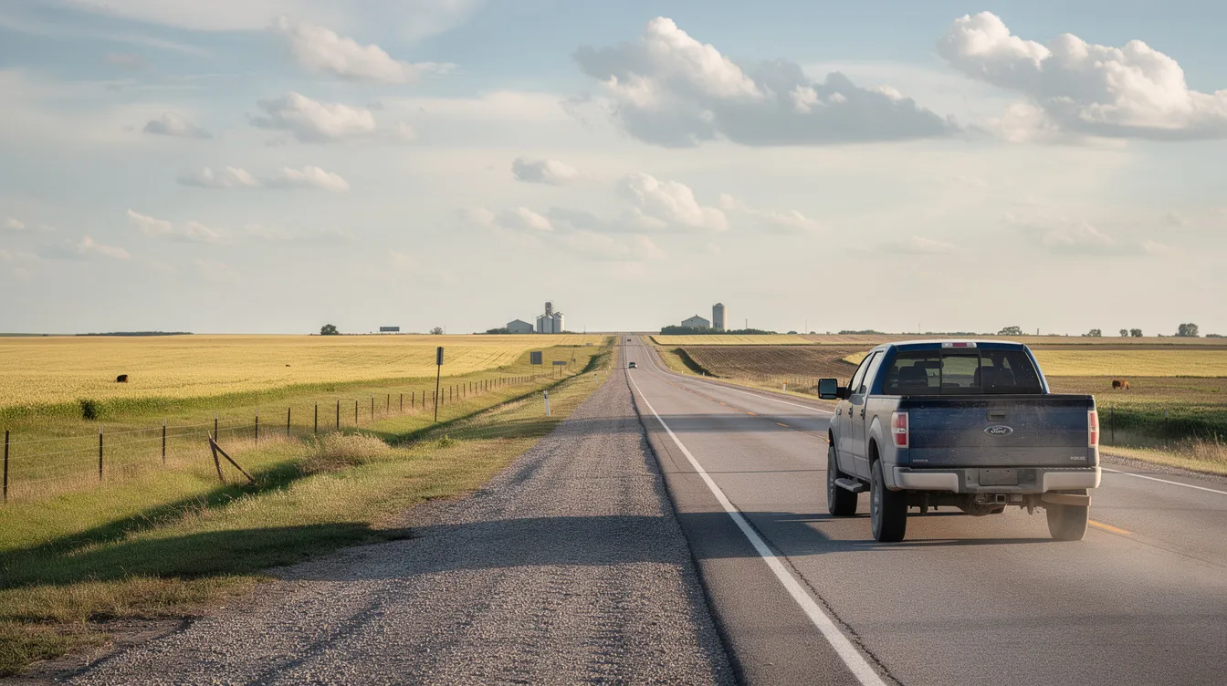 The image depicts a wide highway stretching through the flat Great Plains farmland of Nebraska, with a pickup truck traveling on the road. This scene reflects the expansive rural landscape, which is often associated with discussions about local gun laws and the importance of safety training for concealed carry permit holders.
