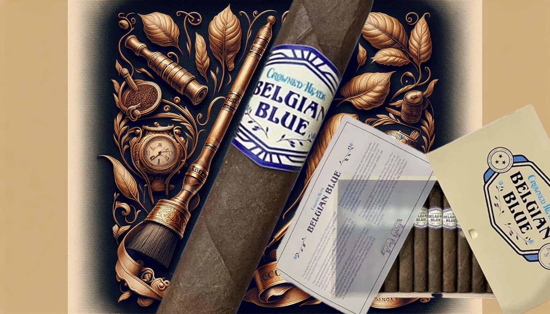 An artistic representation of the Crowned Heads Belgian Blue LE 2024 cigar, showcasing its unique features.