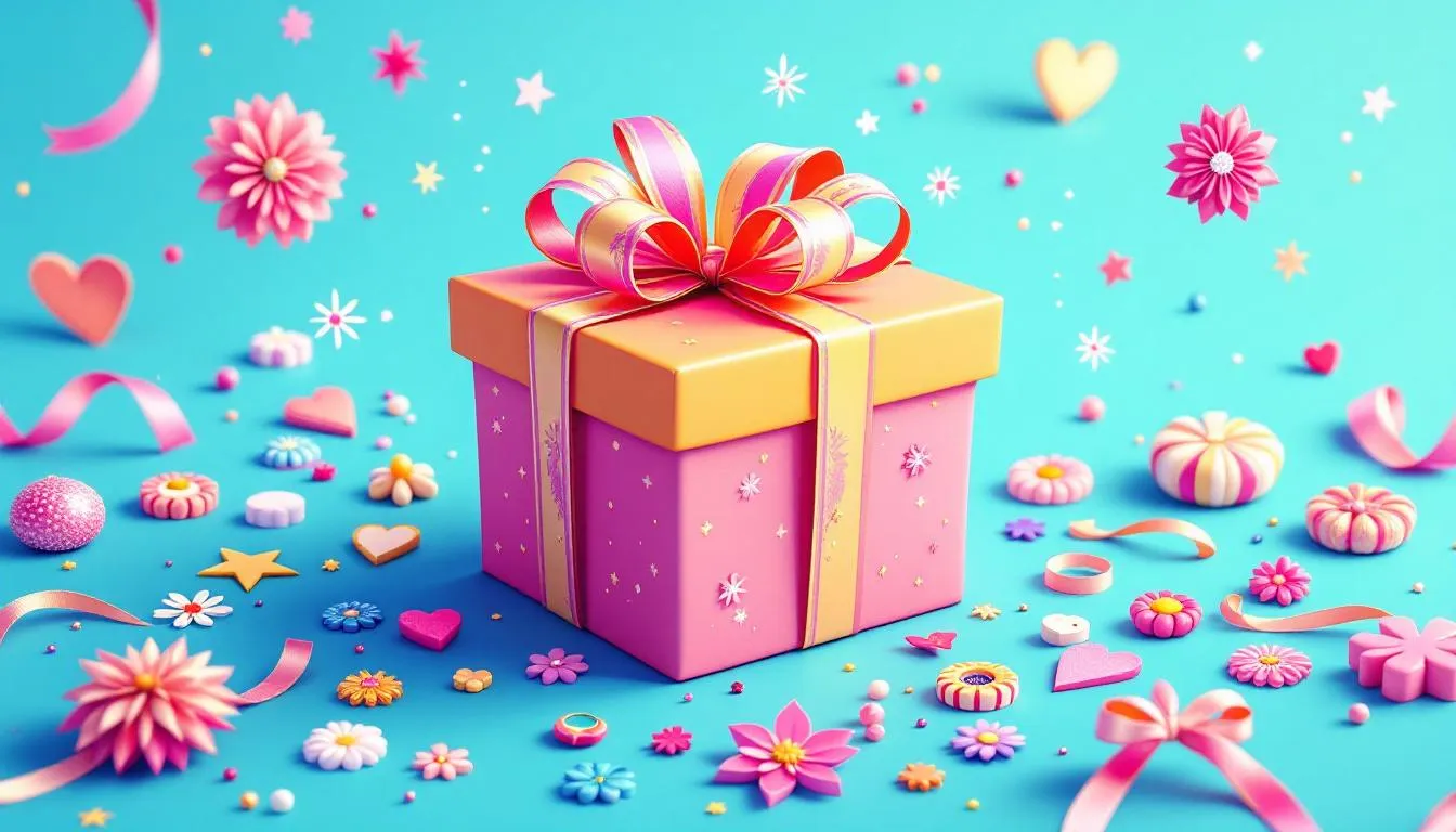A beautifully decorated gift box with ribbons and stickers, illustrating how to decorate a box.