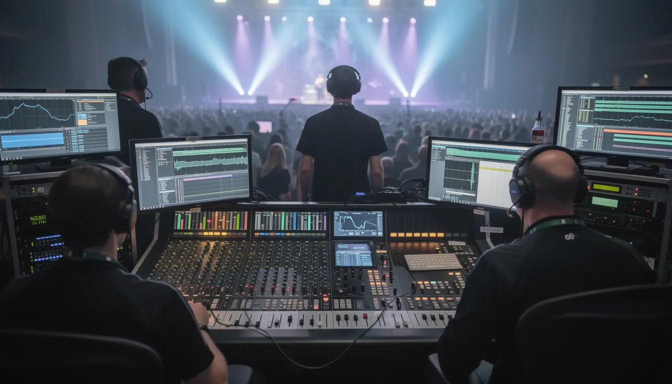 A technical crew operates an audio mixing desk during a live event, showcasing their expertise in audio visual solutions and event production services. The scene highlights the importance of reliable AV equipment and technology in creating memorable experiences for clients in the UK.