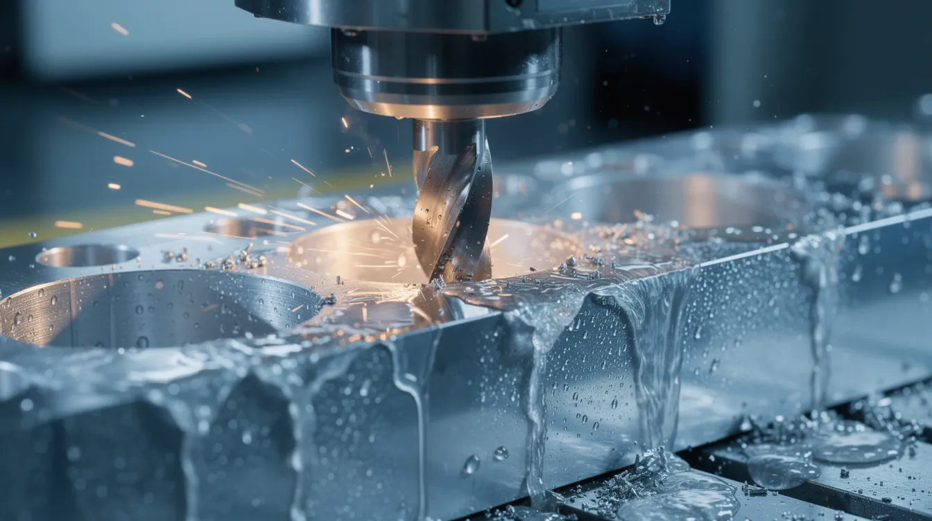 A close-up view of a CNC milling machine actively cutting an aluminum part, with coolant flowing over the workpiece to ensure precision and reduce heat during the machining process. This image highlights the advanced technology used in CNC machining services for producing custom parts with tight tolerances.