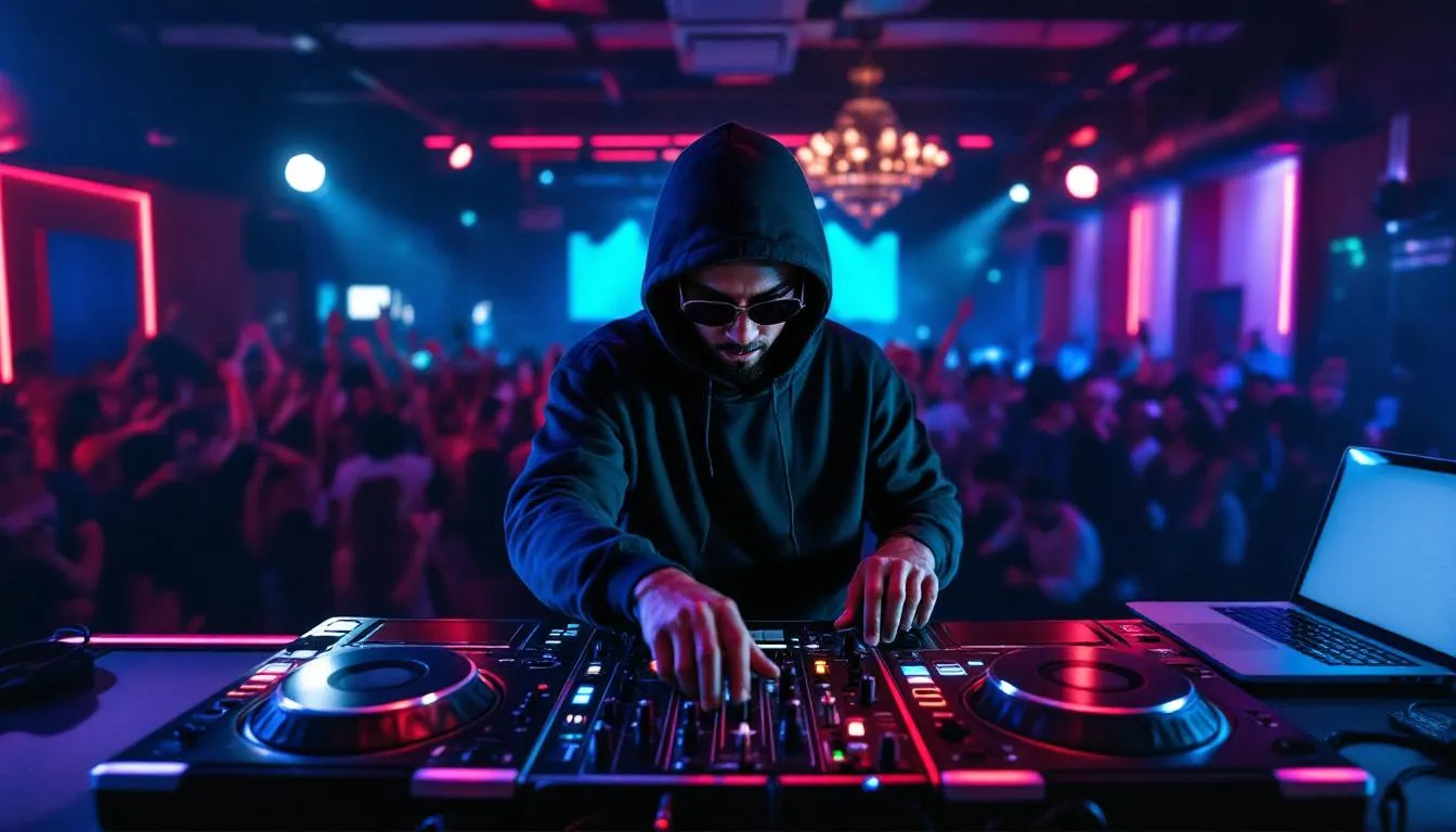 The image features DJ mixing equipment prominently displayed in a Houston rap club, with a lively crowd enjoying the hip hop music in the background. The atmosphere captures the energy of the night, showcasing the vibrant scene of Houston rappers and artists performing their songs.