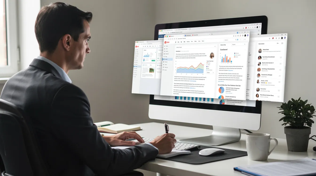 The image shows a person sitting at a desk, focused on researching various web design companies through multiple open browser windows on their computer. This scene reflects the web design process, as the individual explores options for professional web design services and evaluates different web design agencies.