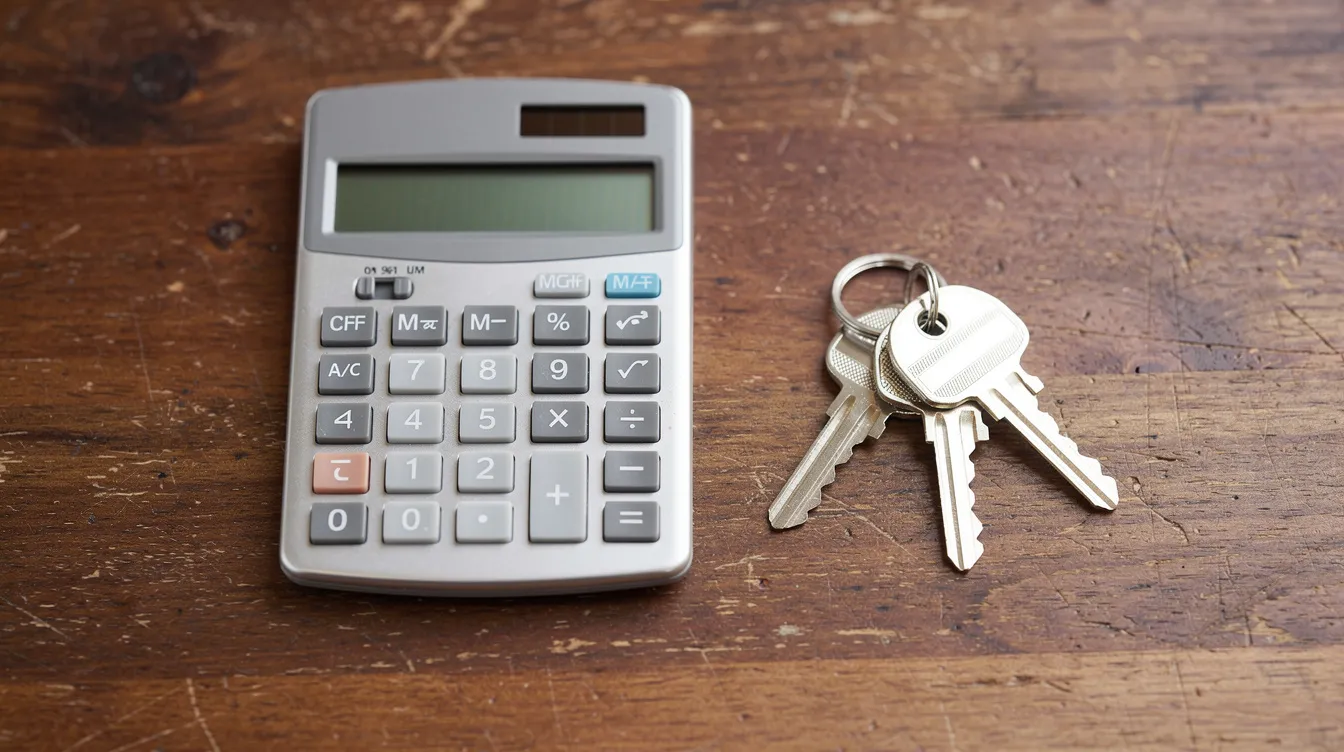 The image shows a calculator next to a set of house keys on a wooden table, symbolizing financial calculations for a mortgage deal. This setup suggests the importance of assessing monthly payments and interest rates when considering options for a new mortgage or remortgage.