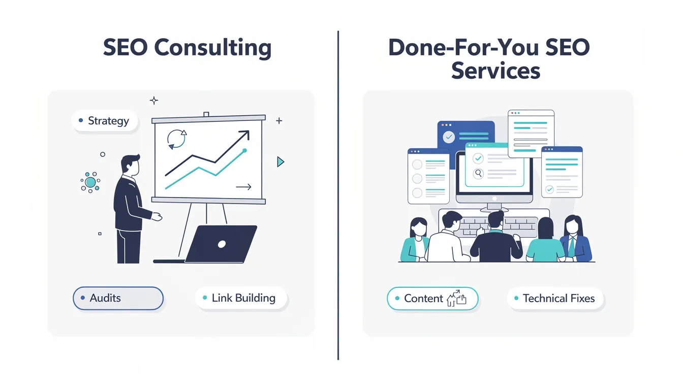 The image compares SEO consulting services with done-for-you SEO services, illustrating the differences in approach and execution. It features visuals that represent various SEO strategies, such as keyword research and technical SEO, highlighting the role of an experienced SEO consultant in enhancing search engine rankings and driving organic traffic.