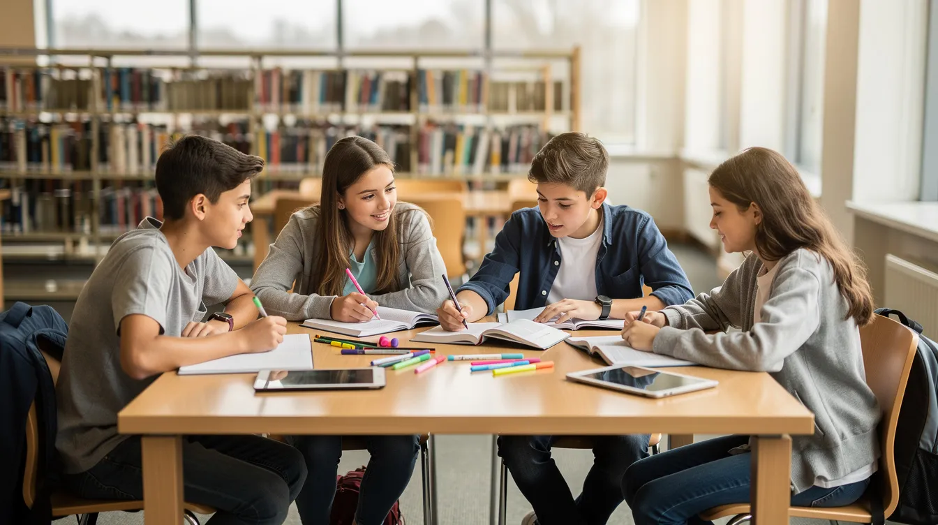 A group of secondary school students is gathered around a library table, engaging in collaborative study and discussing various subjects to enhance their comprehension skills. This peer interaction fosters independent learning skills and supports their academic success as they navigate the challenges of high school education.