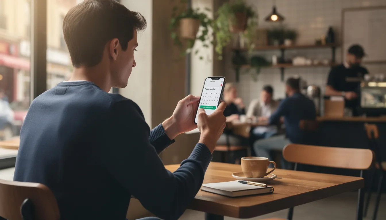 Una persona está sentada en un café, utilizando su teléfono móvil para reservar una cita a través de la aplicación Agendapro. En la pantalla se pueden ver configuraciones y opciones relacionadas con negocios, mientras que en el fondo hay mesas y clientes disfrutando del lugar.