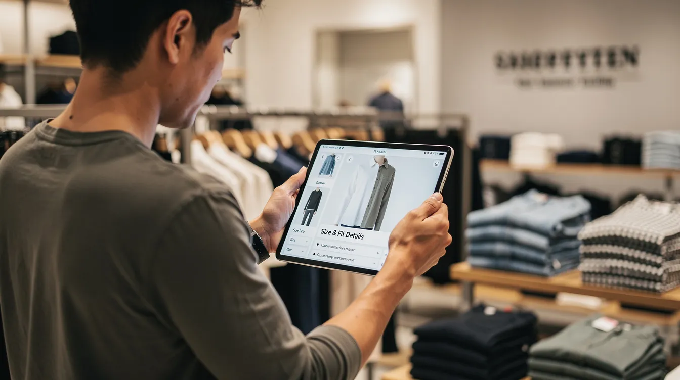 A clothing shopper is intently examining size and fit details on a tablet, likely seeking essential information to make informed purchasing decisions on an ecommerce product page. The scene captures the online shopping experience, emphasizing the importance of detailed product descriptions and customer satisfaction for potential customers.