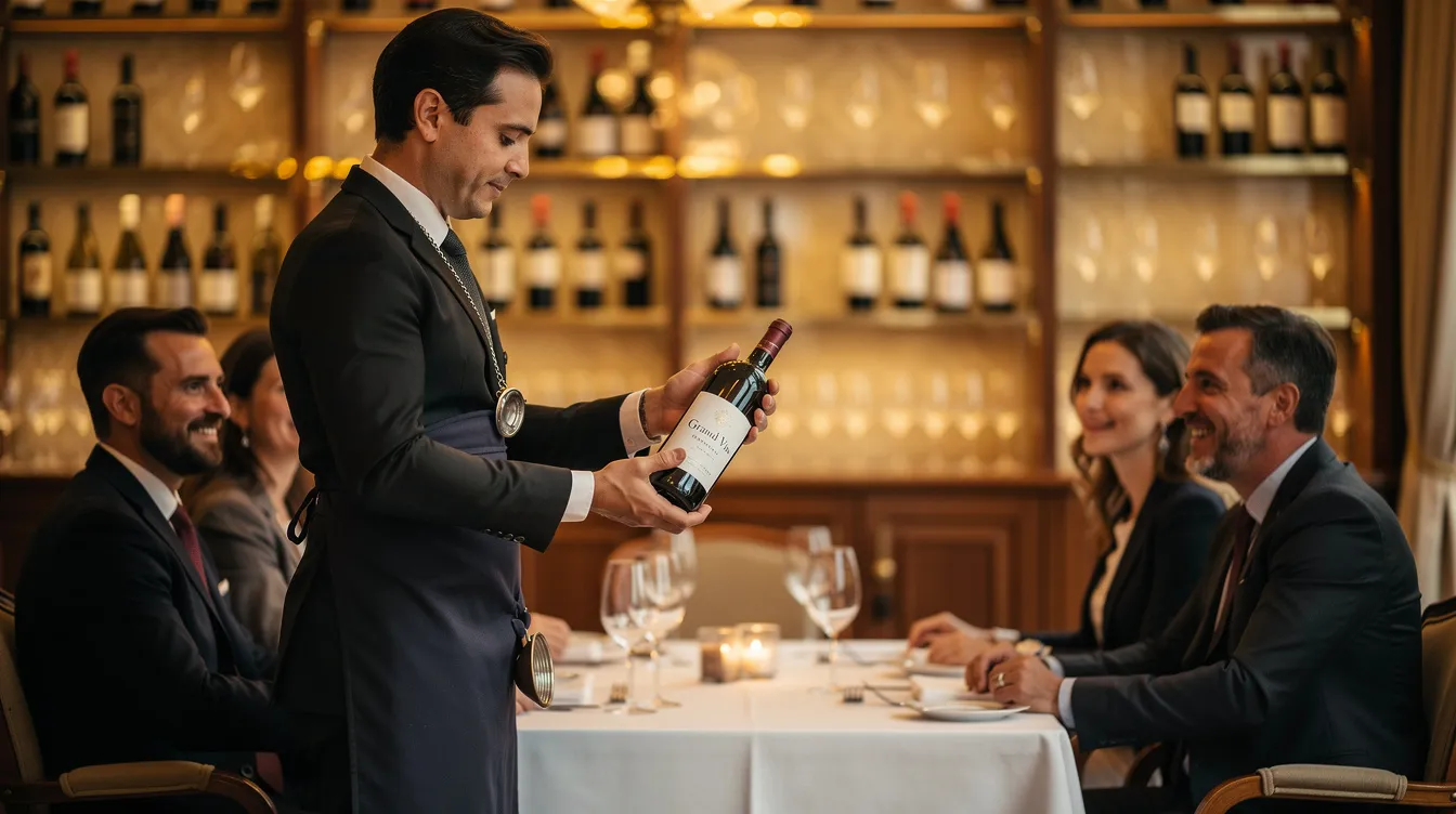 Un sommelier se tient devant un groupe, présentant avec enthousiasme une bouteille de vin rouge, tandis que les participants écoutent attentivement pour découvrir les arômes et saveurs de cette cuvée. Cette scène évoque une expérience de dégustation enrichissante, idéale pour les amateurs de vin et les connaisseurs.