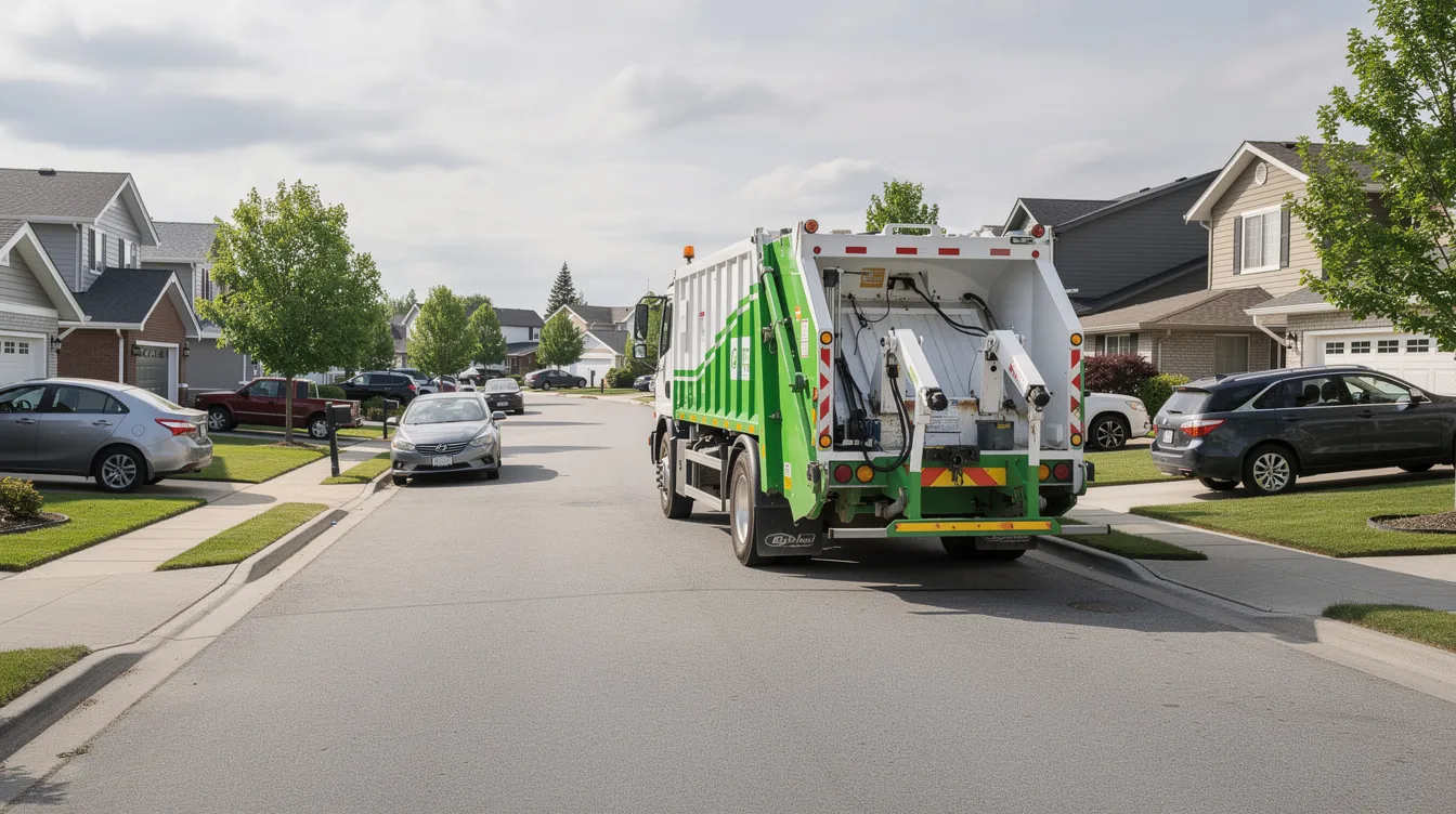 A large garbage truck is parked on a residential street surrounded by homes and several parked cars, highlighting the presence of commercial vehicles in suburban areas. This scene could be relevant for discussions about garbage truck accidents and the legal implications surrounding them, such as seeking compensation for accident victims in Houston.