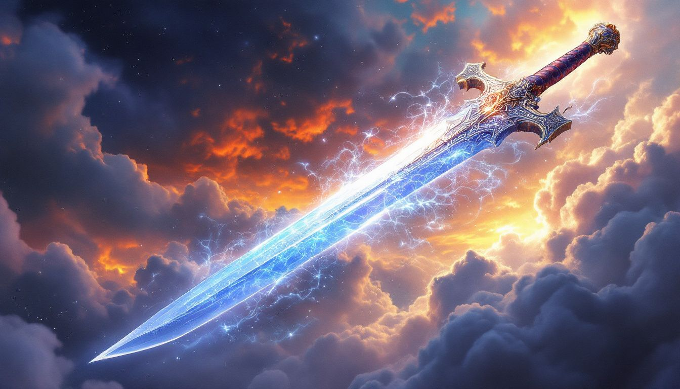 An illustration of an ace sword piercing through a cloud, symbolizing clarity and truth.