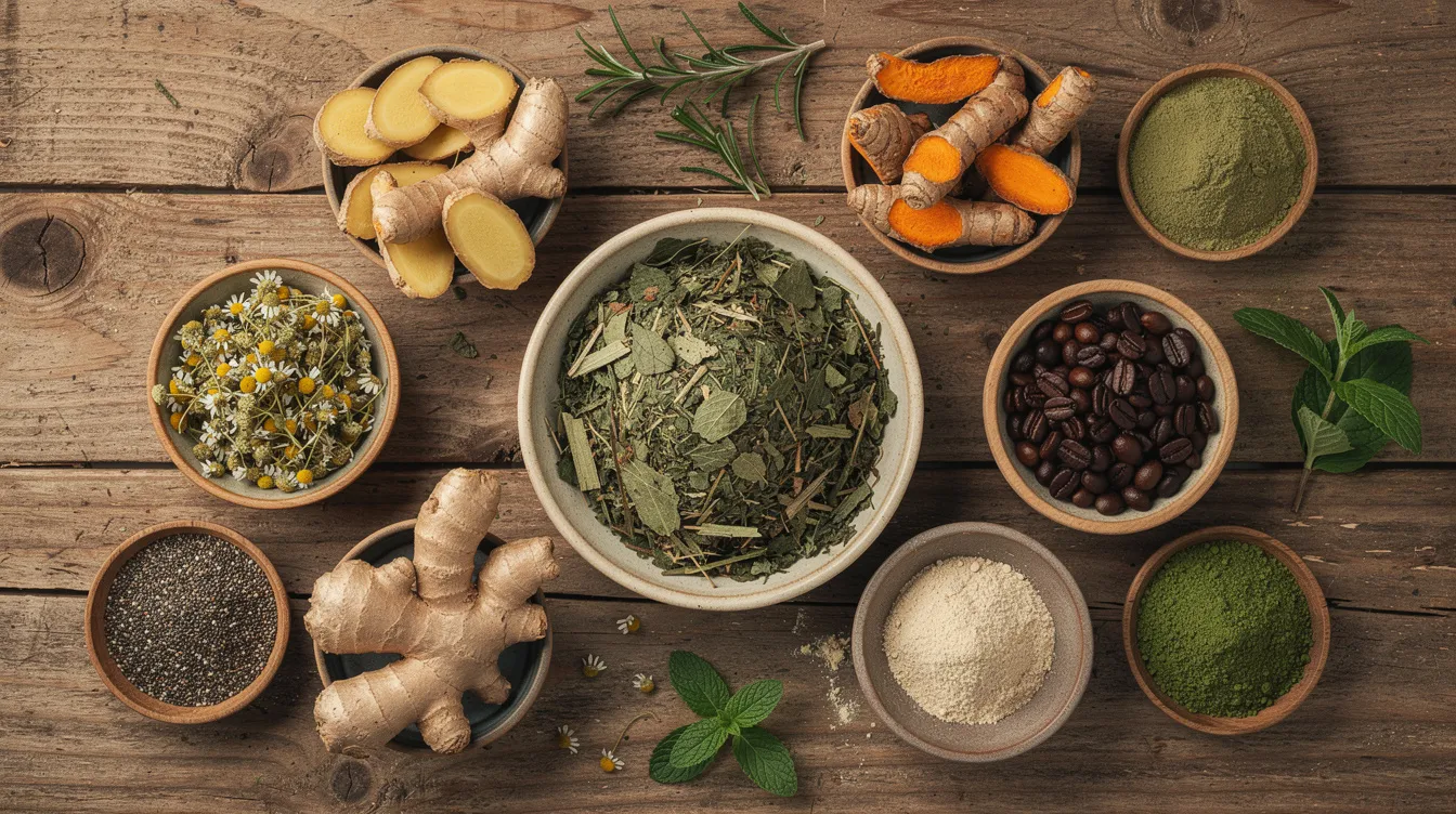The image depicts a wooden table adorned with various small bowls filled with natural herbs, roots, and supplement ingredients, including ginkgo biloba and horny goat weed, which are often associated with male enhancement and improving sexual health. This arrangement highlights the use of dietary supplements that may enhance blood flow and support male sexual performance.