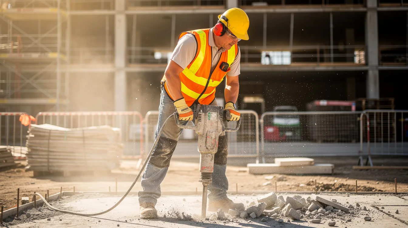 A construction worker, equipped with ear protection, operates a jackhammer at a dusty job site, highlighting the importance of safety in environments with hazardous noise levels that can lead to occupational hearing loss. This scene underscores the need for workers compensation benefits to address potential work-related injuries and hearing loss claims in Colorado's workers compensation system.