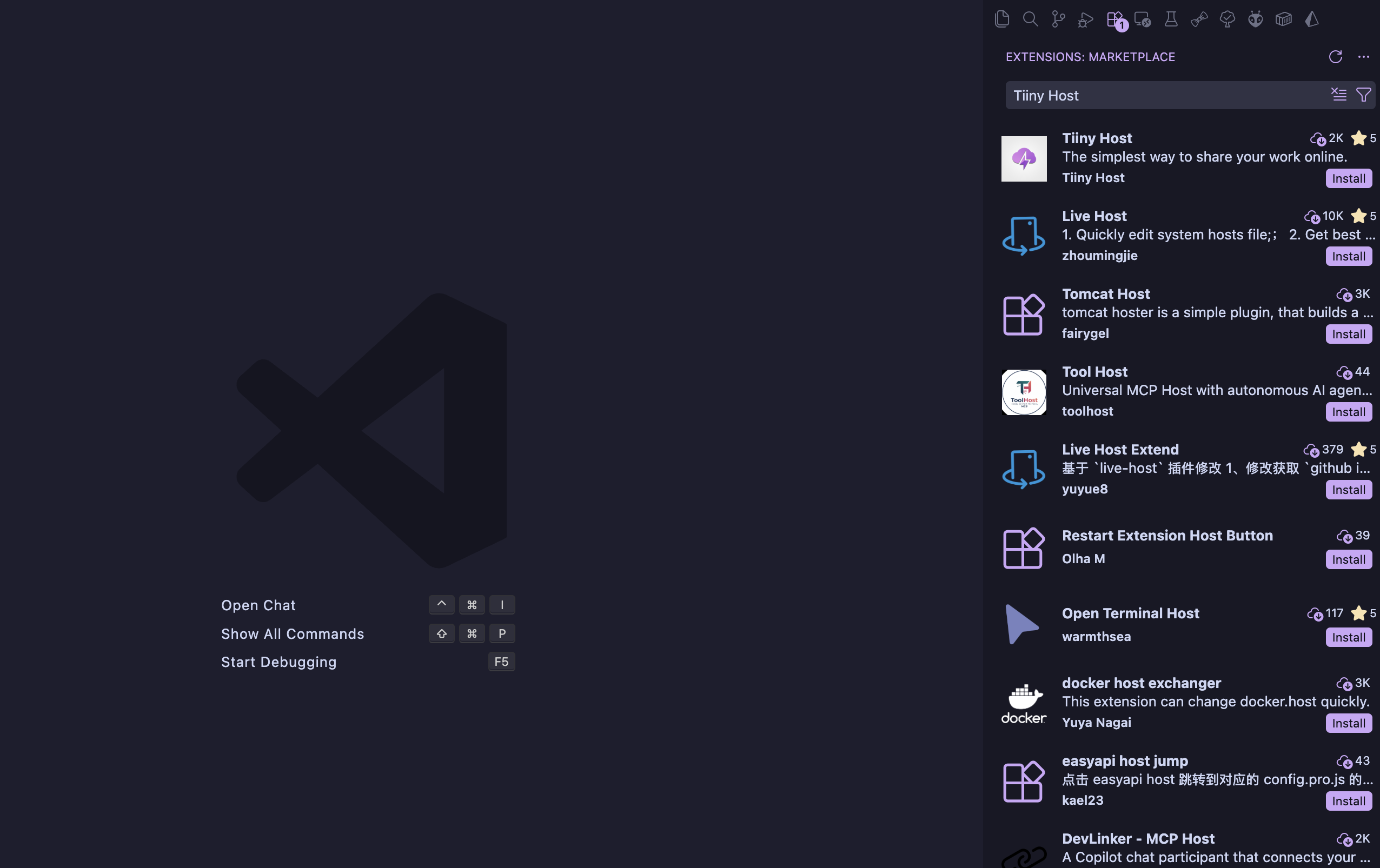 Search for Tiiny Host in the Extensions tab of Cursor