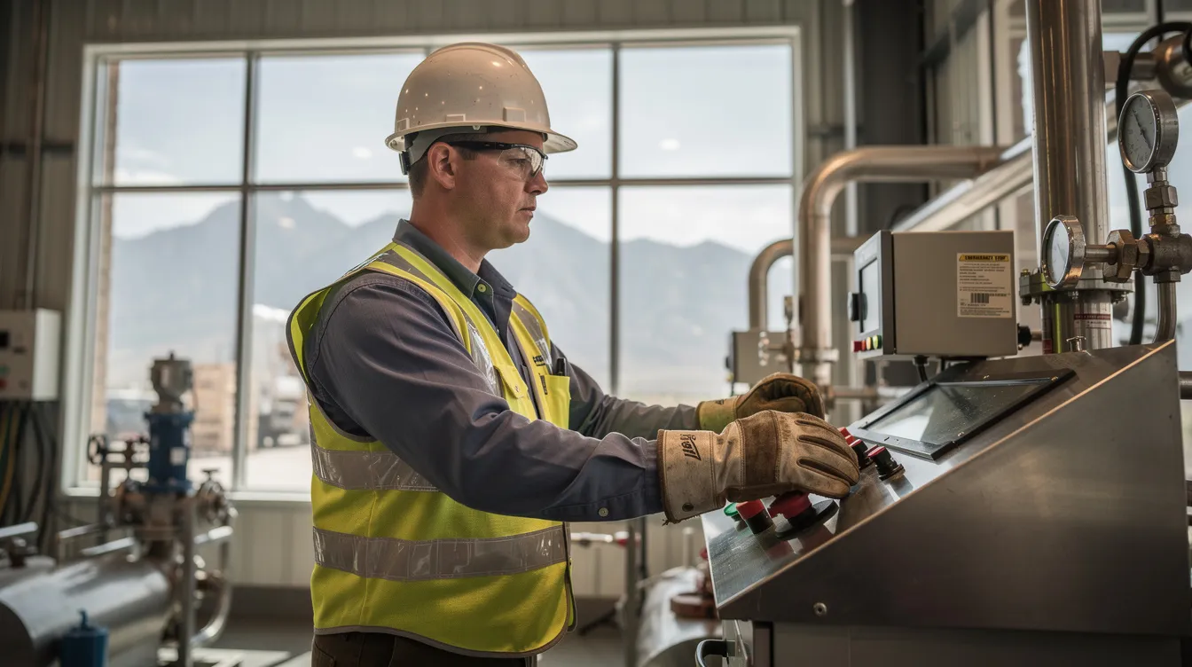 The image shows a Colorado worker wearing protective gloves while standing near industrial equipment, emphasizing safety in the workplace. This setting highlights the importance of workers compensation and the potential for workplace injuries, which may require medical treatment and financial support for injured workers.