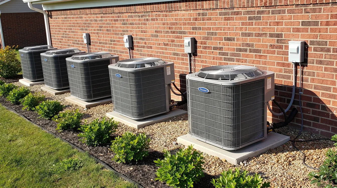 The image shows a row of outdoor HVAC condenser units installed along the side of a brick house, highlighting various residential air conditioning systems. These outdoor units are essential for maintaining efficient airflow and ensuring the proper function of the evaporator coil within the HVAC system.