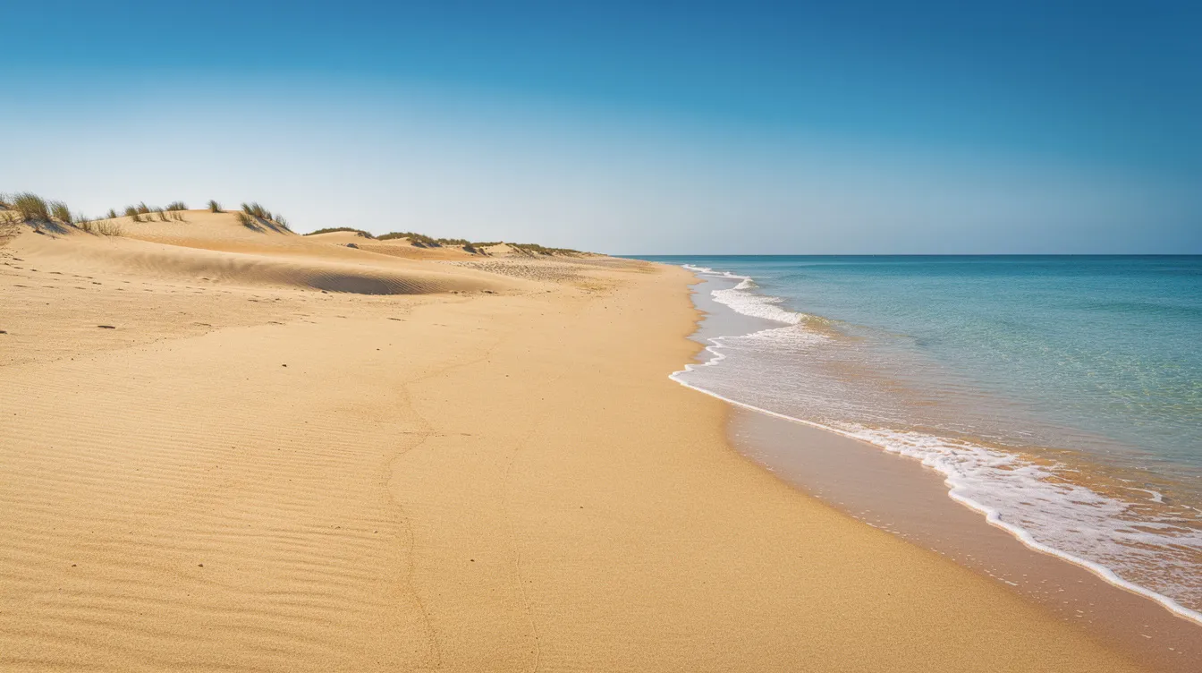 Das Panoramabild zeigt einen breiten Sandstrand auf Fuerteventura mit goldenem Sand und türkisblauem Meer, umgeben von sanften Sanddünen und einem strahlend blauen Himmel. Diese Szene verkörpert die Schönheit der "schönsten Strände auf Fuerteventura" und lädt zum Baden und Entspannen ein.