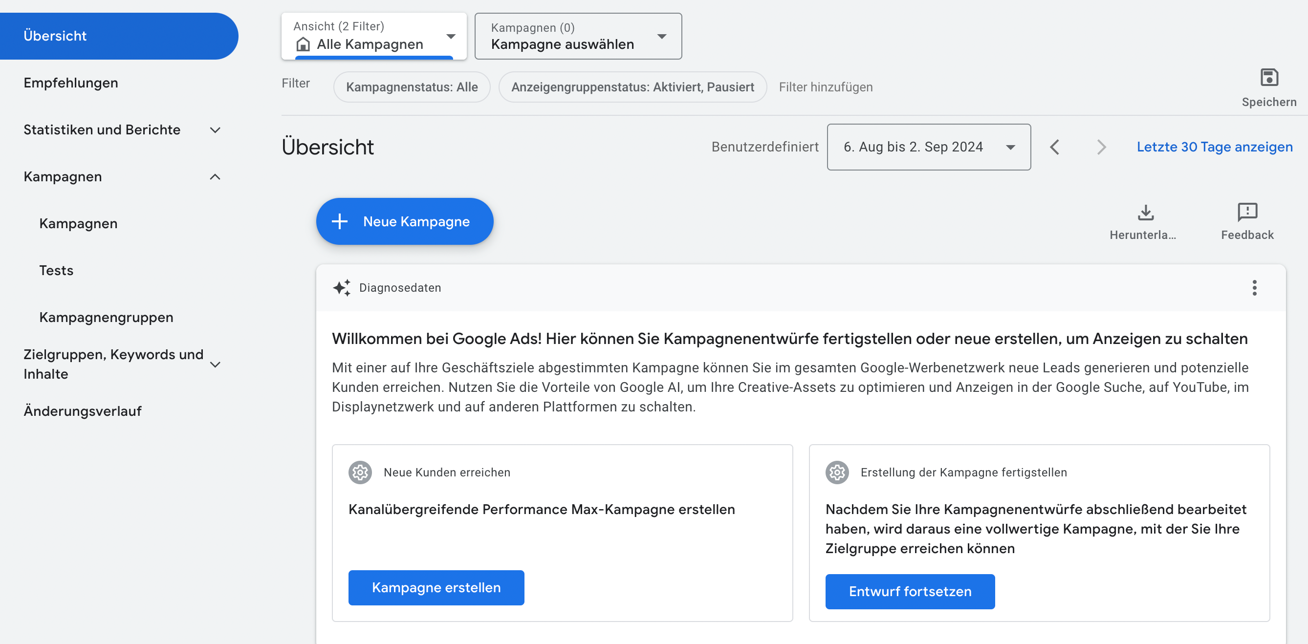 So sieht der erste Schritt einer Google Ads Kampagne aus