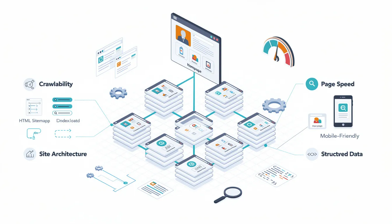 The image illustrates the essential components of site structure and technical SEO for ecommerce sites, highlighting elements such as internal links, category pages, and product pages. It emphasizes the importance of optimizing these aspects to enhance search engine rankings and increase organic traffic for ecommerce businesses.
